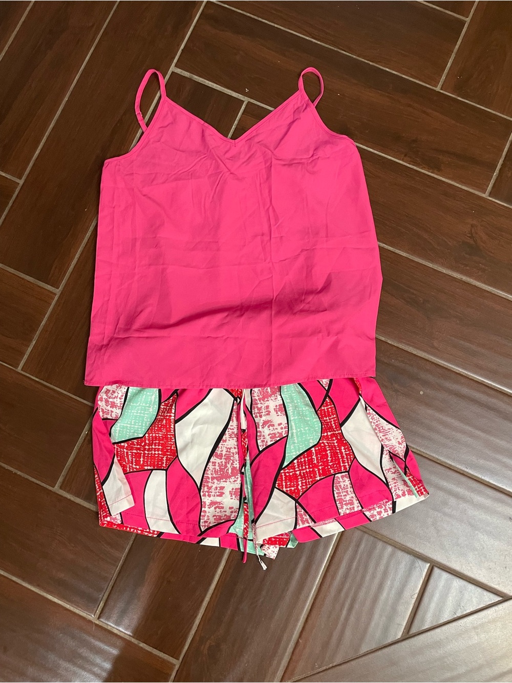 SHEIN Bright Pink Spaghetti Strap One-Piece with Printed Shorts